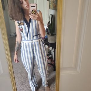 Blue and white stripped sleeveless jumpsuit